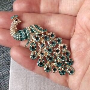 Elegant Peacock Brooch/Pendant with Teal and Gold Accents